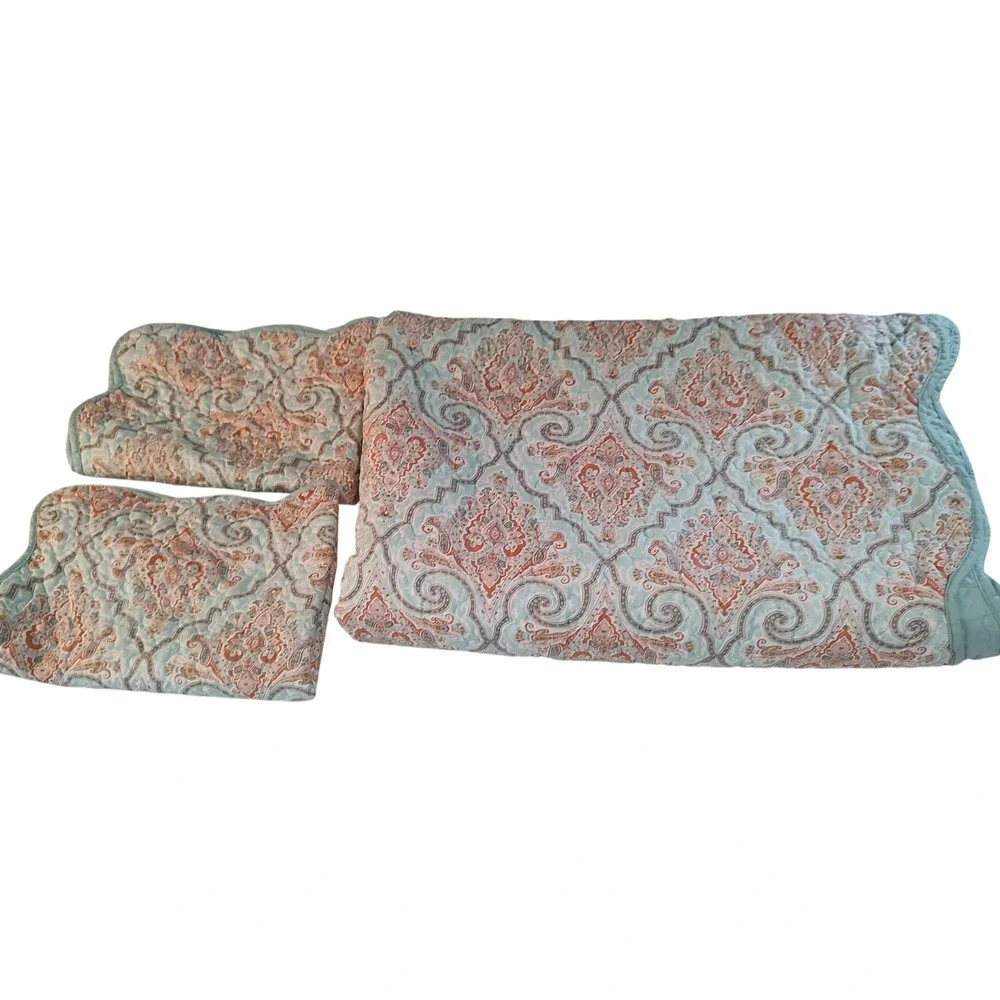 Aqua Paisley Quilted‎ Bedspread Two Pillow Shams Reversible Queen 90x88 SEE